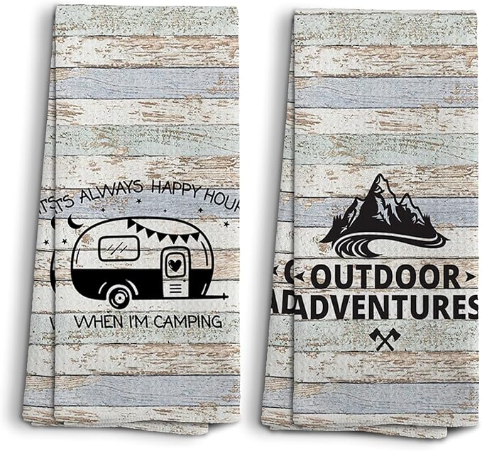 Camp Towel, Outdoor Adventures Kitchen Towels, Camping Decoration, Happy Camper RV Accessories, Gifts for Campers, Camping Gifts for Women Men, Set of 2, 16x24