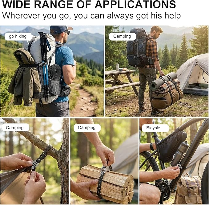 Modular Straps, Safety Strap Set to Secure Splits, 70 pound load, 8" and 16" lengths, Flexible Multi-Tool, Wearable Gadget for Outdoor Adventure, Survival, Camping, Travel (4-Pack) (Black)