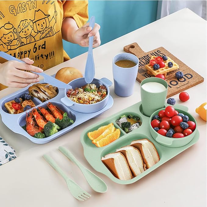 Unbreakable Dinnerware Sets for 4 People,24pcs Divided Plates and Bowls, Reusable Dinnerware Plastic Plates, Cups, Bowls, Cutlery Set for School Party, Camping, Home, Office