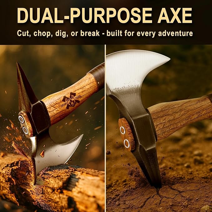 Grumpy Bear 11" Camping Hatchet, Survival Axe with Sheath, High Carbon Steel and Wood Handle, Anti-Slip Grip – Ideal for Bushcraft, Wood Splitting & Outdoor Adventures