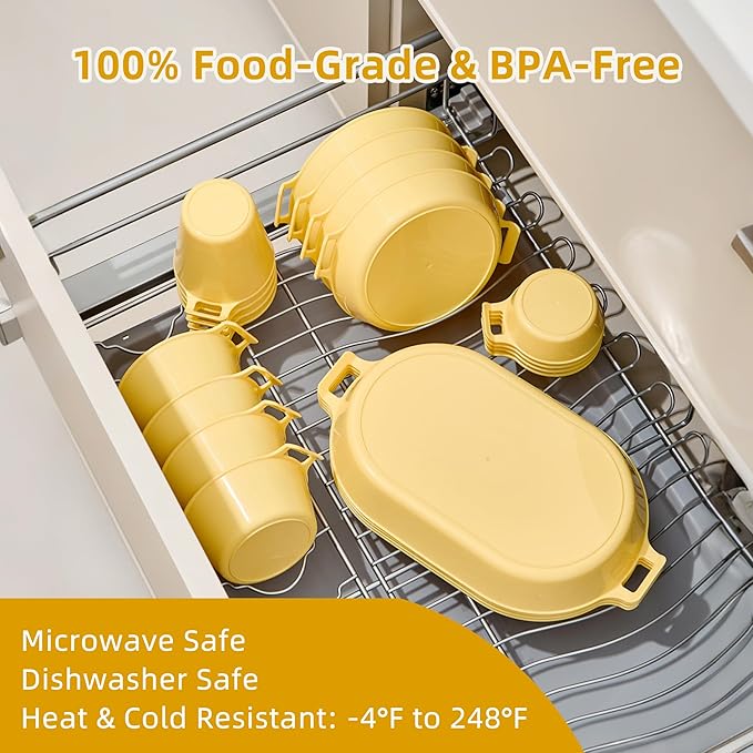 Dinnerware Set for 4, 21-Piece Reusable Plates and Bowls Set with Mesh Bag, Cups, Sauce Dishes and Serving Platters, Lightweight Outdoor Dish Set for Picnic, RV, Patio, BBQ, Mustard Yellow