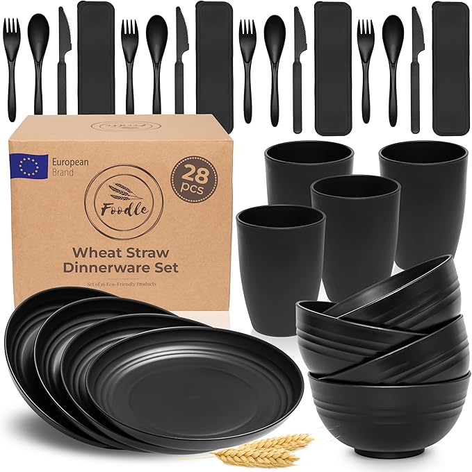 FOODLE Wheat Straw Dinnerware Set - BPA Free & Safety Tested - Microwave & Dishwasher Safe - Alternative to Plastic Dishes - Perfect for Outdoor, RV, Dorm - Camping Plates Cups and Bowls Set - For 4