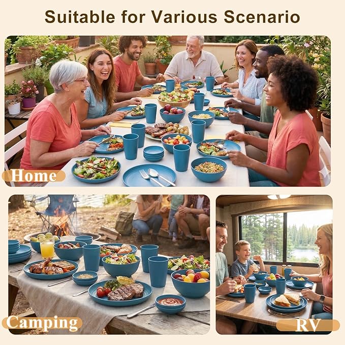 Wheat Straw Dinnerware Sets for 8, Unbreakable Bowl and Plate Set 40 Piece, Reusable Plastic Dish Sets for 8, Microwave and Dishwahser Safe Dining Set, Apartment and Kitchen Essentials - Blue