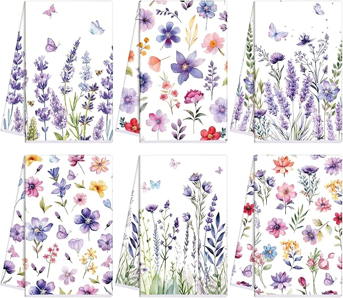 Oudain 6 Pcs Spring Lavender Kitchen Towel Set Decor Purple Floral Hand Dish Towels Decorative 18x24 Inch Wildflower Butterfly Tea Cloths for Housewife Gift Spring Easter Bathroom Kitchen Accessories