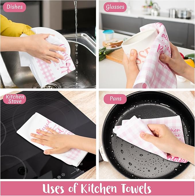R HORSE Pink Bow Kitchen Dish Towels - 5Pcs Bible Verse Bow Absorbent Hand Towels, Religious Christian Pink Kitchen Dishcloths for Women Girls Bathroom Housewarming Religious Gifts Home Decor