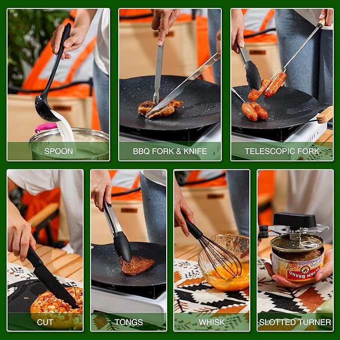 Wesqunie Camping Essentials Cookware Cooking Utensils Set - Portable Camp Kitchen Mess Kit Outdoor Accessories, Stainless Steel & Silicone, Camping Gear Equipment for RV Picnic Grill, 14PCS Black