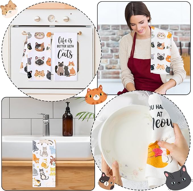 R HORSE 5Pcs Funny Kitchen Dish Towels, Cute Cat Dishcloths Gift, Absorbent Dish Tea Towels Reusable Bar Hand Dishcloths Decor for Bathroom Kitchen Home Supplies Gift for Mom Woman Cat Lovers