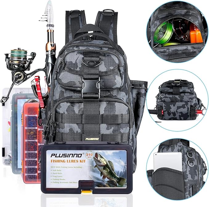 PLUSINNO Fishing Backpack, Fishing Bag, Waterproof Fishing Sling Tackle Bag For Fishing Gear With Rod Holder, Fishing Gifts for Men