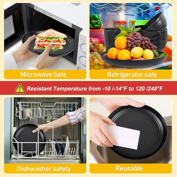 LIYH 16 Pcs Black Wheat Straw Dinnerware Set - Unbreakable Plates and Bowls Sets, Dish Sets for 4, Black Plastic Dinnerware Set Include Wheat Straw Dinner Plates Bowls Cups Kitchen & Camping
