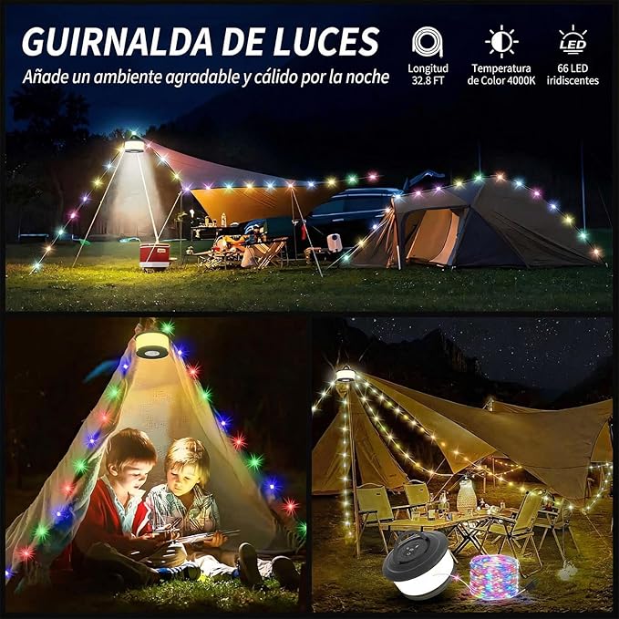 Camping String Lights,2 in 1 Upgraded 32.8FT Rechargeable Tent Lights String with 19 Lighting Modes,Quick Storage camping lights，Portable LED Lamp for Bedroom Yard Decor Christmas Camping(Black)