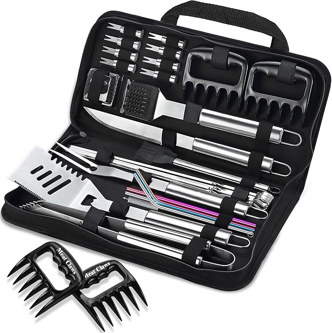 ROMANTICIST 27pcs Heavy Duty Grilling Gifts for Men Dad Fathers Day, Extra Thick BBQ Accessories Tools Set, Stainless Steel Grill Utensils Kit with Meat Claws, Canvas Bag for Outdoor Camping Silver