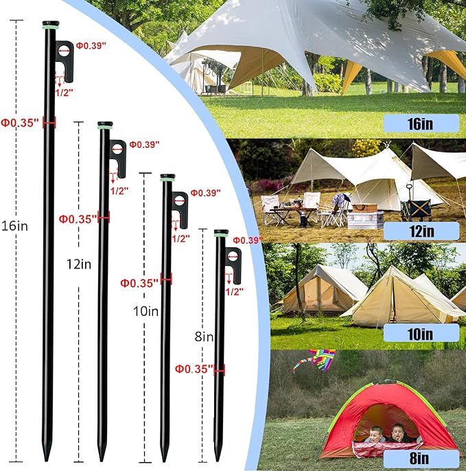 12 Pack Tent Stake with Hammer, 8in Heavy Duty Tent Stakes + 10in Camping Hammer+Storage Pouch, Forged Steel Stakes for Camping Used on Rocks