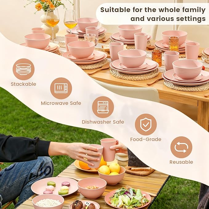 Homienly 40 PCS Premium Wheat Straw Dinnerware Sets, Unbreakable Dishes Set for Party, Resuable Plates Set,Service for 8,Microwave and Dishwasher Safe Cups and Bowls Set for Camping, RV（Pink）