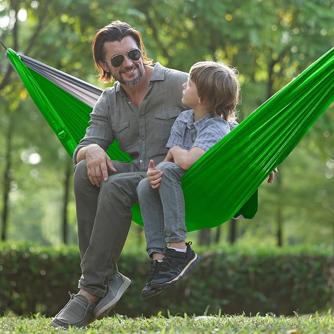 Qevooon Camping Hammock with Net,Portable Lightweight Double Hammocks with Tree Straps and Solid D-Shape Carabiners,Parachute Nylon Hammock for Backpacking Beach Backyard Patio Hiking Green&Grey