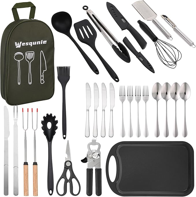 Wesqunie Camping Cooking Essentials Utensils Set - Camp Cookware Kitchen Accessories Kit, Camper Gear Must Haves, Stainless Steel & Silicone, RV Car Portable Outdoor Equipment Tool