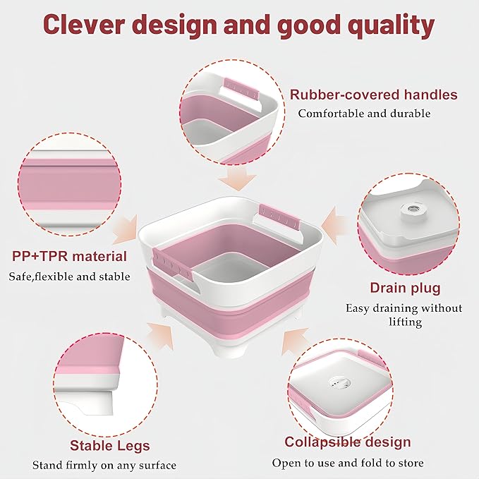 MontNorth 2.4 Gal Collapsbile Wash Basin with Drian Plug,9L Dish Pan for Soaking Baby Bottles,Portable Sink, Multiuse Foldable Bucket,Ice Beverage Tubs for Camping, Vegetable Washing, RV (Pink)