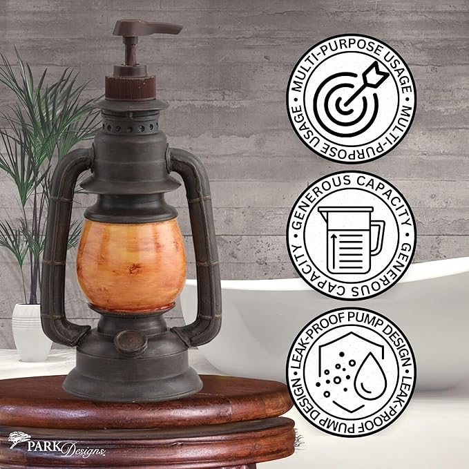 Park Designs Camping Lantern Soap Dispenser | Rustic Farmhouse Bathroom & Kitchen Pump | Refillable Lotion, Hand Wash or Dish Liquid Container | Decorative Resin Accent 9" Tall