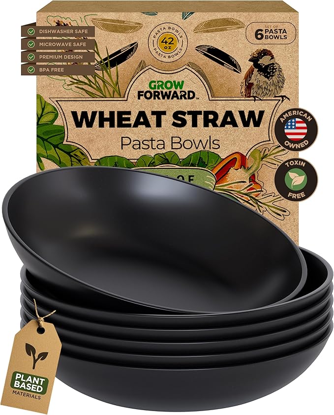 Grow Forward Premium Wheat Straw Pasta Bowls - 42oz Unbreakable Wide & Shallow Dinner Plate Bowls Set of 6 - Microwave Safe Reusable Plastic Pasta Bowls for Kids, Adults, Salad, Camping, RV - Midnight