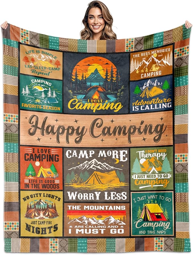 Cool Camping Gifts for Women, Camping Blanket 60" X 50", Woman Camping' Gift Camper Decor, Camp Blanket, Camping' Stuff, Camping's Decor for Camper, Blankets Gifts for Camping Lover