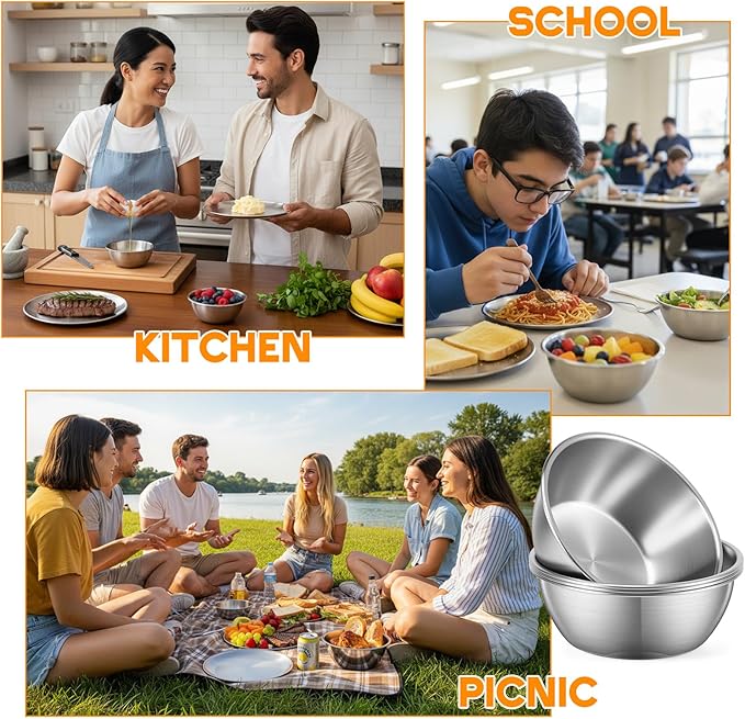 304 Stainless Steel Plates and Bowls Sets for 6, 12 Pieces 9 Inch Metal Camping Plates and Bowls Sets for Picnic, Travel, Reusable Double Insulated Dinnerware for Adult Girls Boys (Silver)