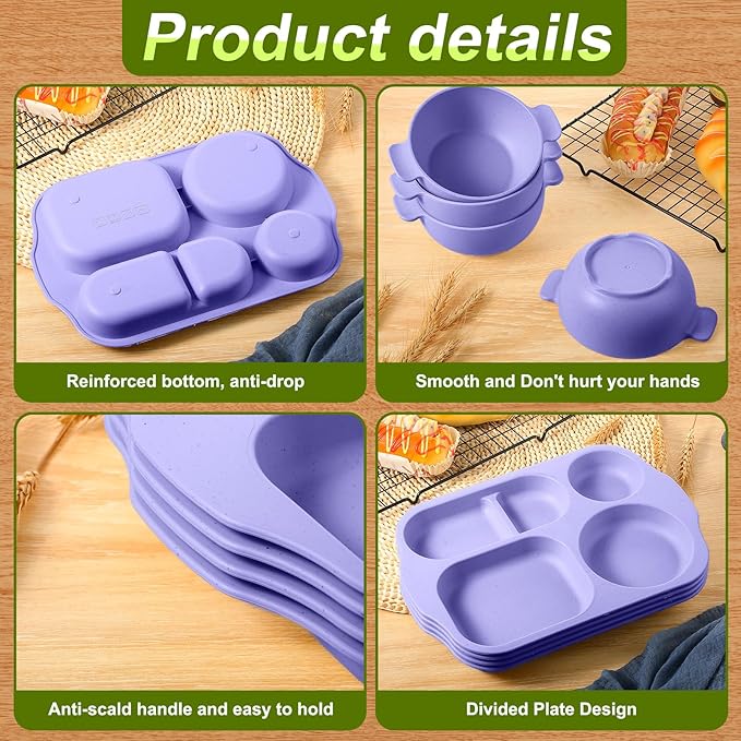 24 Pcs Wheat Straw Dinnerware Cutlery Set for Aldult Including Divided Plates Microwave Dishwasher Safe Bowl Unbreakable Tableware Straw Cutlery Spoon Knife Fork(Light Purple)