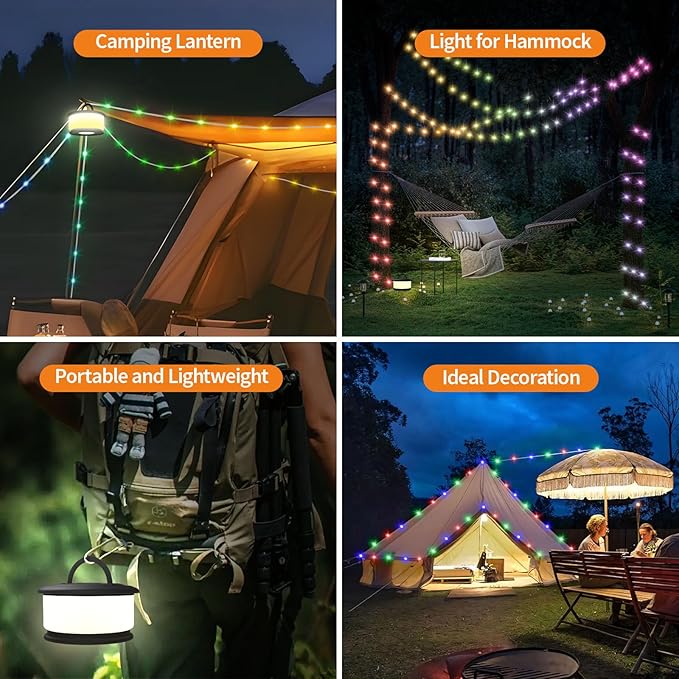 TOHETO 2-Pack Camping String Lights, 3 in 1 Upgraded Retractable RGB Outdoor String Lights with 19 Lighting Modes, Quick 30s Recovery, 32.8 FT Portable Tent Light, Rechargeable Camping Lantern (Black)