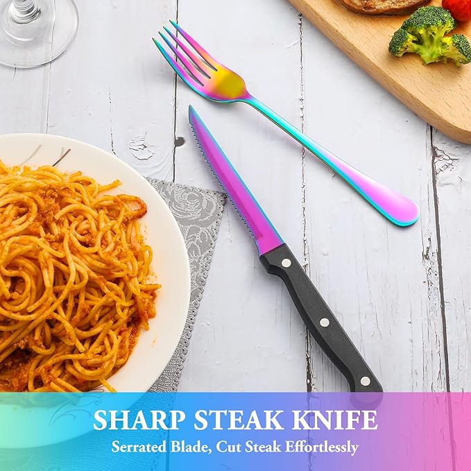 72 Pcs Rainbow Silverware Set with Steak Knives Service for 12,Stainless Steel Flatware Set,Mirror Polished Cutlery Utensil Set, Kitchen Eating Tableware,Include Fork Knife Spoon Set,Dishwasher Safe