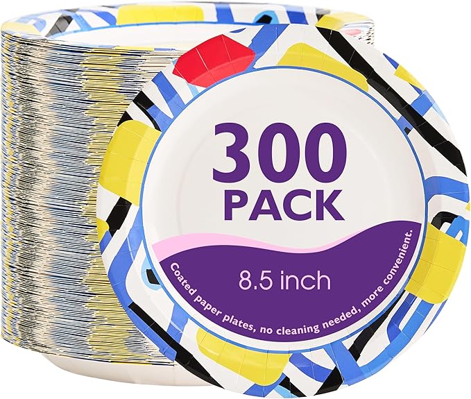 Disposable Paper Plates 8.5 Inch 300 Count, Soak Proof and Cut Resistant Graffiti Pattern Heavy Duty Paper Plates Bulk for Parties, Picnics, Camping, and Everyday Meals