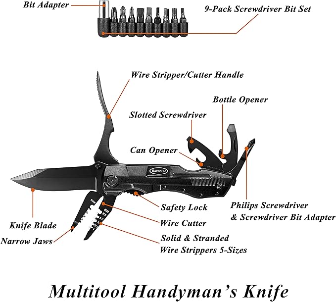 RoverTac Multitool Knife – 15-in-1 Pocket Knife with Wire Strippers, Wire Cutter, 9 Screwdrivers, Bottle Opener – Perfect Gifts for Men, Dad – Camping Gear for Christmas, Father’s Day, Birthdays