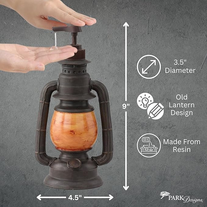 Park Designs Camping Lantern Soap Dispenser | Rustic Farmhouse Bathroom & Kitchen Pump | Refillable Lotion, Hand Wash or Dish Liquid Container | Decorative Resin Accent 9" Tall