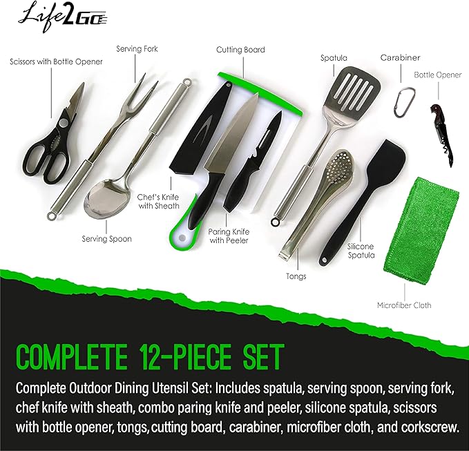 Life2Go 12 Piece Stainless Steel Camping Cooking Utensils Set, Portable Outdoor Kitchen Kit with Chef Knife, Tongs, Spatula, Scissors, Camp Cooking Gear with Carry Case for Hiking, BBQ & Travel, Gray