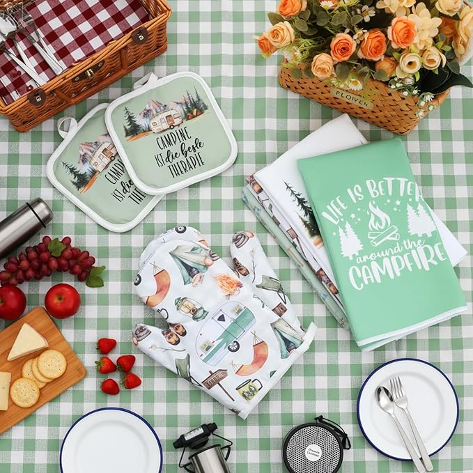 Hahafelt 8 Pcs Camping Kitchen Gift Dish Towel Pot Holder Oven Mitt Set 4 Bonfire Tent Car Tea Towels with Funny Sayings Novelty 2 Oven Mitts 2 Pot Holders Camping Accessories Decor for Rv Campers
