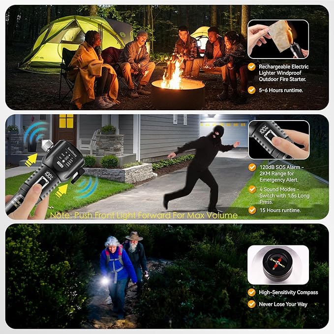 18-in-1 Solar/USB Rechargeable Car Emergency Flashlight Tool - Auto Safety Hammer Glass Breaker, Seatbelt Cutter, Flameless Fire Starter, SOS Alarm, Power Bank, Survival Gear, Driver Gifts