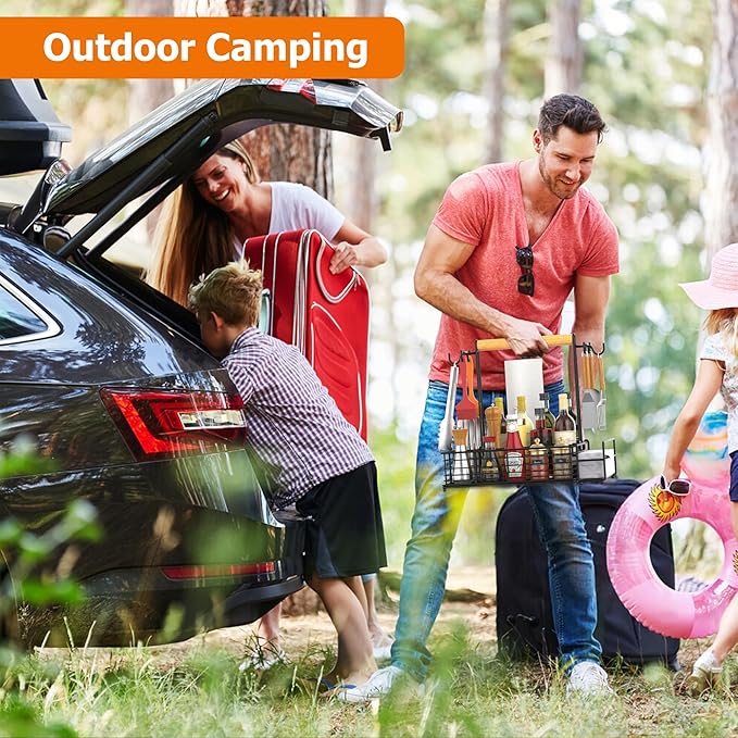 Toncoke Large Grill Caddy with Paper Towel Holder & Side Hooks, All-in-One BBQ Tool Organizer with Adjustable Dividers, Rustproof for Outdoor Kitchen, Camping, RV - Black