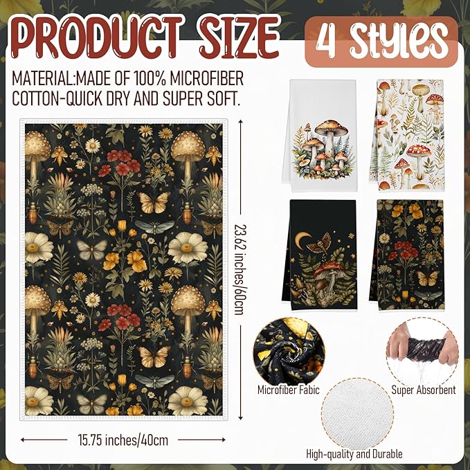 Hahafelt 8 Pcs Kitchen Gift Dish Towel Pot Holder Oven Mitt Set 4 Tent Car Tea Towels with Funny Sayings Novelty 2 Oven Mitts 2 Pot Holders Accessories Decor for Rv Campers (Mushroom)