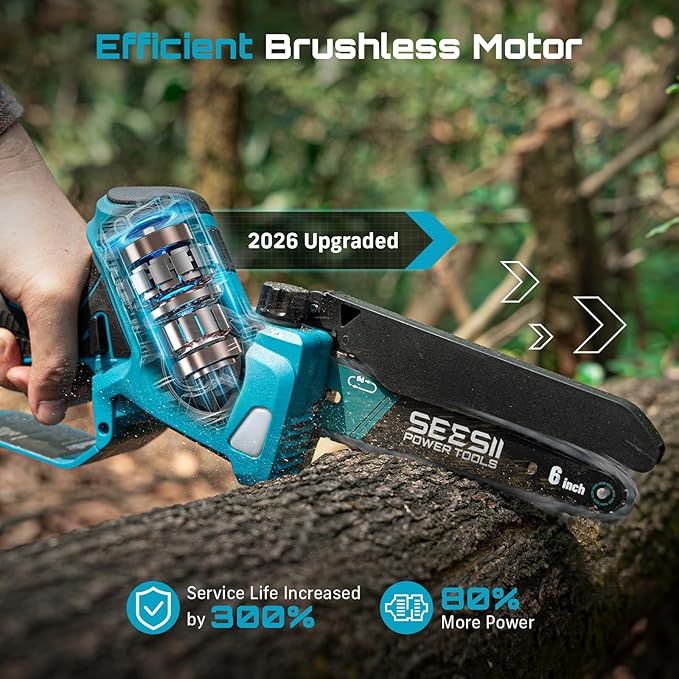 SEESII Brushless Mini Chainsaw 6 Inch, Handheld Saw with 2 * 2000 mAh Batteries, Cordless Chainsaw with Automatic Oiler, Compatible with Makita 18V Battery, Electric Saw for Tree Limb Branch Cutter