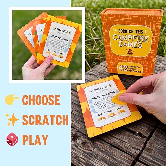 Scratch 'Ems Campfire Games | 42 Scratch Off Cards for Outdoor Summer Fun | Camping Card Games for Kids & Family | Screen-Free Entertainment, Perfect Camping Gifts for Kids & Family