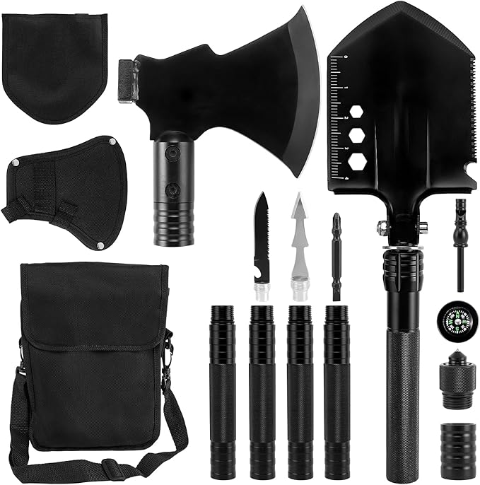 Survival Shovel Survival Axe, Heavy-Duty Carbon Steel Camping Folding Shovel with Multiple Extension Handles(7.3-21.9In), Suitable for Survival Tools in Camping, Off-Road, Excavation, and Hiking