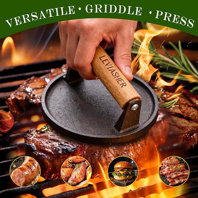2 Pack 2.3lb Steak Weight & Burger Press, Striped Base, 7" Heavy Duty Cast Iron Grill Press with Wood Handle for Blackstone, Chef, Camp, Panini, Vegetable, Bacon, Sandwich, BBQ