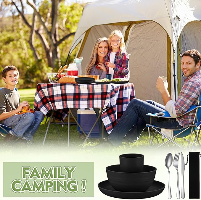 Teenyyou 4 Sets Camping Mess Kits for 4 Person Camping Silverware Set Include Cup, Bowl, Plate, Knife, Spoon, Fork Cutlery Set Unbreakable Wheat Straw Dinnerware Utensils for Travel