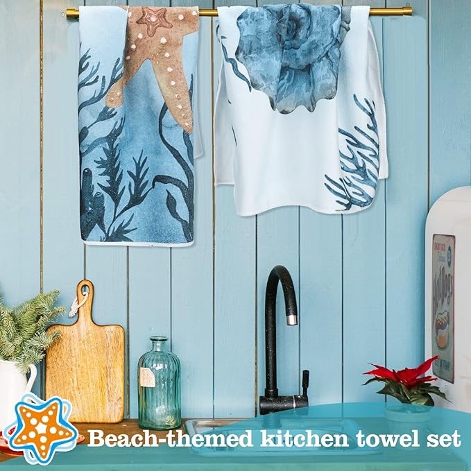 Boyiee 6 Pcs Beach Kitchen Towels Set, Ocean Sea Animal Nautical Tea Towels, 24 x 16 Inches Absorbent Cloth, Coastal Starfish Turtle Jellyfish Hand Dishcloths for Farmhouse Bathroom & Kitchen Decor