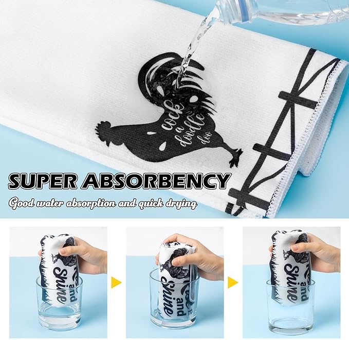 R HORSE Funny Chickens Kitchen Dish Towe - 5Pcs Farm Rooster Themed Kitchen Dishcloth Black White Chickens Absorbent Cleaning Dishcloth Bar Hilarious HandHand Towels for Mom Women Housewarming Gifts