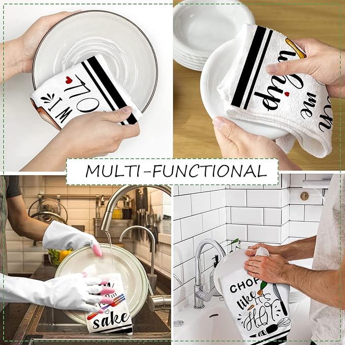 Funny Kitchen Towels and Dishcloths Sets of 4 Kitchen Towels with Sayings Egg Beater Rolling Pin Absorbent Drying Tea Dish Towel for Cooking Baking Home Decorations,18 x 28 Inch