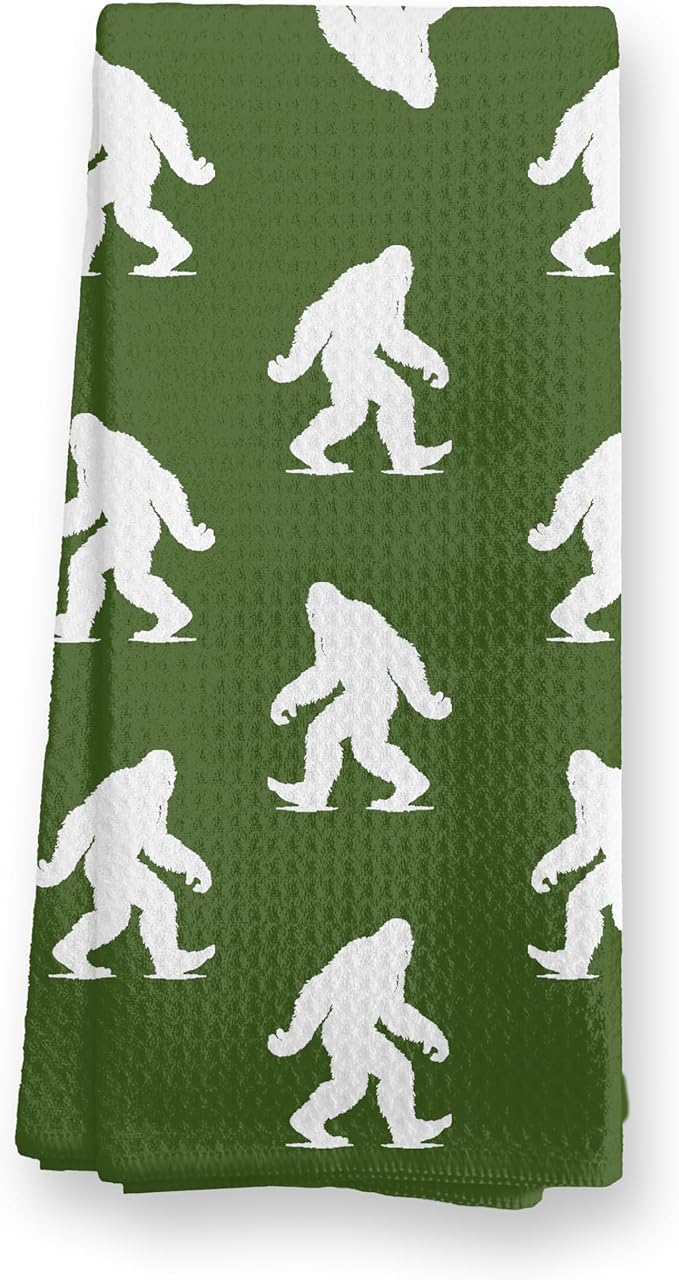 Abstract Retro Sasquatch Kitchen Towels, Sasquatch Gifts Dish Tea Towels for Kitchen Decor, Gifts for Hiking Camping Lovers Hand Towel for Bathroom Decor, 16x24 Inch, (Olive Green and White)