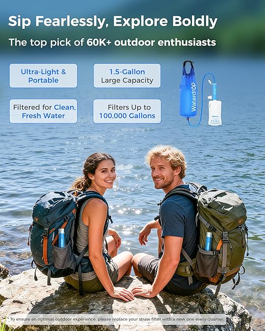 Waterdrop Gravity Water Filter Straw, Camping Water Filtration System, Water Purifier Survival for Travel, Backpacking and Emergency Preparedness, 1.5 gal Bag, 5 Stage Filtration, Pack of 2