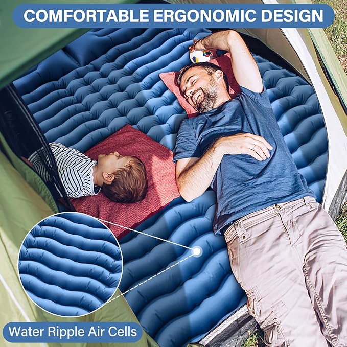 Yuzonc Double Camping Sleeping Pad with Built-in Foot Pump and Pillows – Ultralight Inflatable Sleeping Mat for 2 Person, Compact Air Mattress for Backpacking Hiking Tent Camping, Portable Outdoor