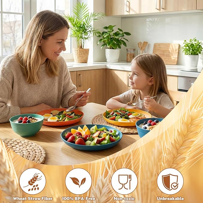 Wheat Straw Dinnerware Sets for 8, Unbreakable Plates and Bowls Sets for 8, 32-Piece Dishes Set, Microwave Safe Plastic Plates Reusable, Cups and Bowls Sets for Kitchen, Outdoor - Multi