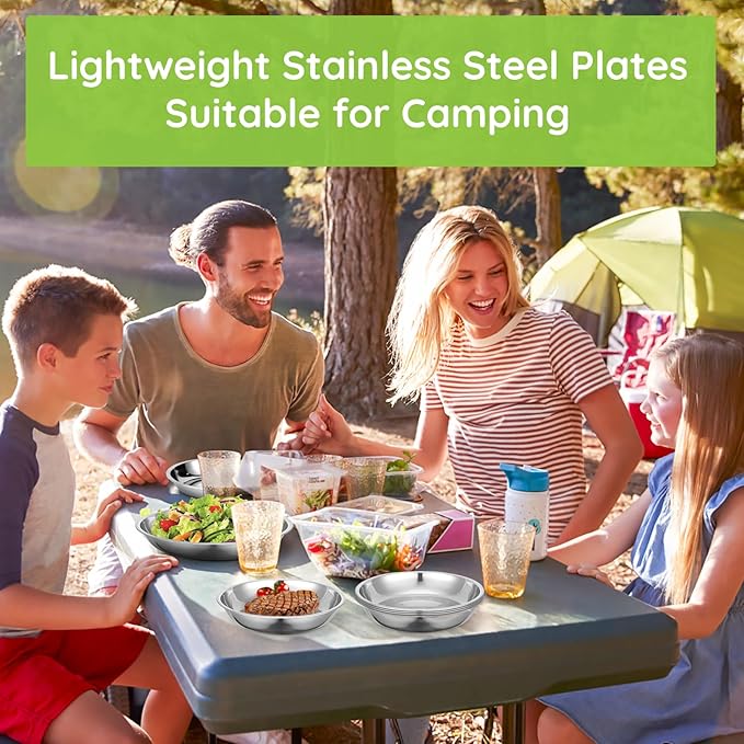 8 Patterned Deep Stainless Steel Plates, 7.8 inch 201 Metal Camping Plate, Reusable Food Serving Dish Snack Eating Dishes Round Shatterproof Silver BBQ Dinner Dinnerware Oven Dishwasher Safe