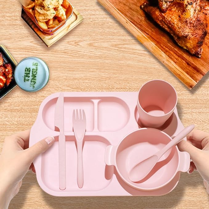 24 Pcs Wheat Straw Dinnerware Cutlery Set for Aldult Including Divided Plates Microwave Dishwasher Safe Bowl Unbreakable Tableware Straw Cutlery Spoon Knife Fork(Beige/pink/green/blue)