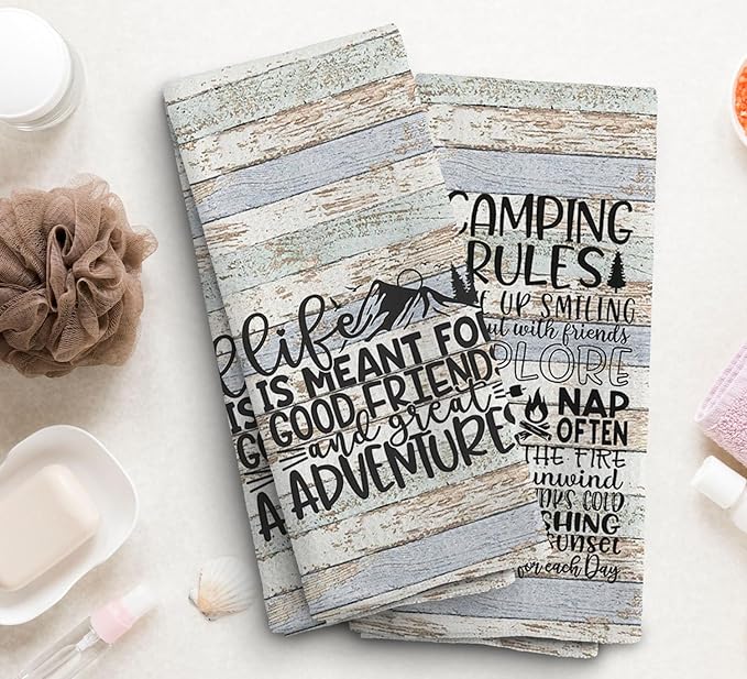 Camping Kitchen Towels, Camping Hand Towels and Dishcloths Set of 2, Camping Decor, Camper Gifts, Camping Gifts for Camper Women, Rv Decorations for Inside Camper, 16×24 Inches